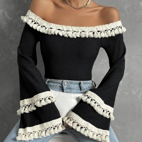 . Tops - Boho Off Shoulder Flounce long Sleeved Fringe detailed black Blouse Top